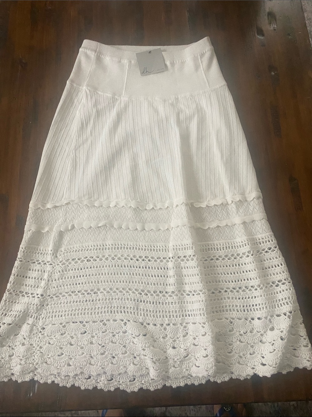 Women's White Crochet Panel Midi Skirt